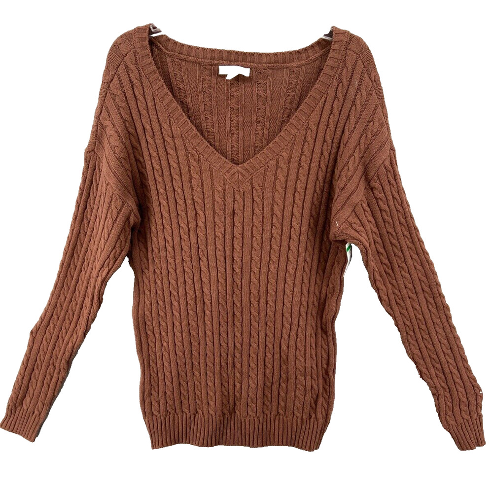 BP. Nordstrom Sweater Womens Sz M‎ Brown Cable Knit V-Neck Long Sleeve Cotton